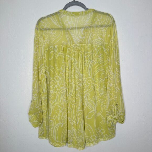 Juniper & Lime Womans Lined Sheer Tab Sleeve 1/4 button Top Plus Size 3X Yellow - Picture 5 of 7
